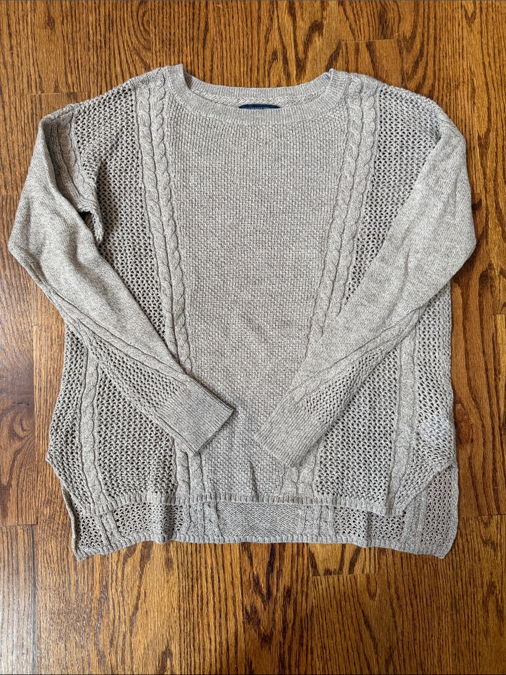 American Eagle Outfitters Light Taupe mixed Open-Stitch Crew Sweater